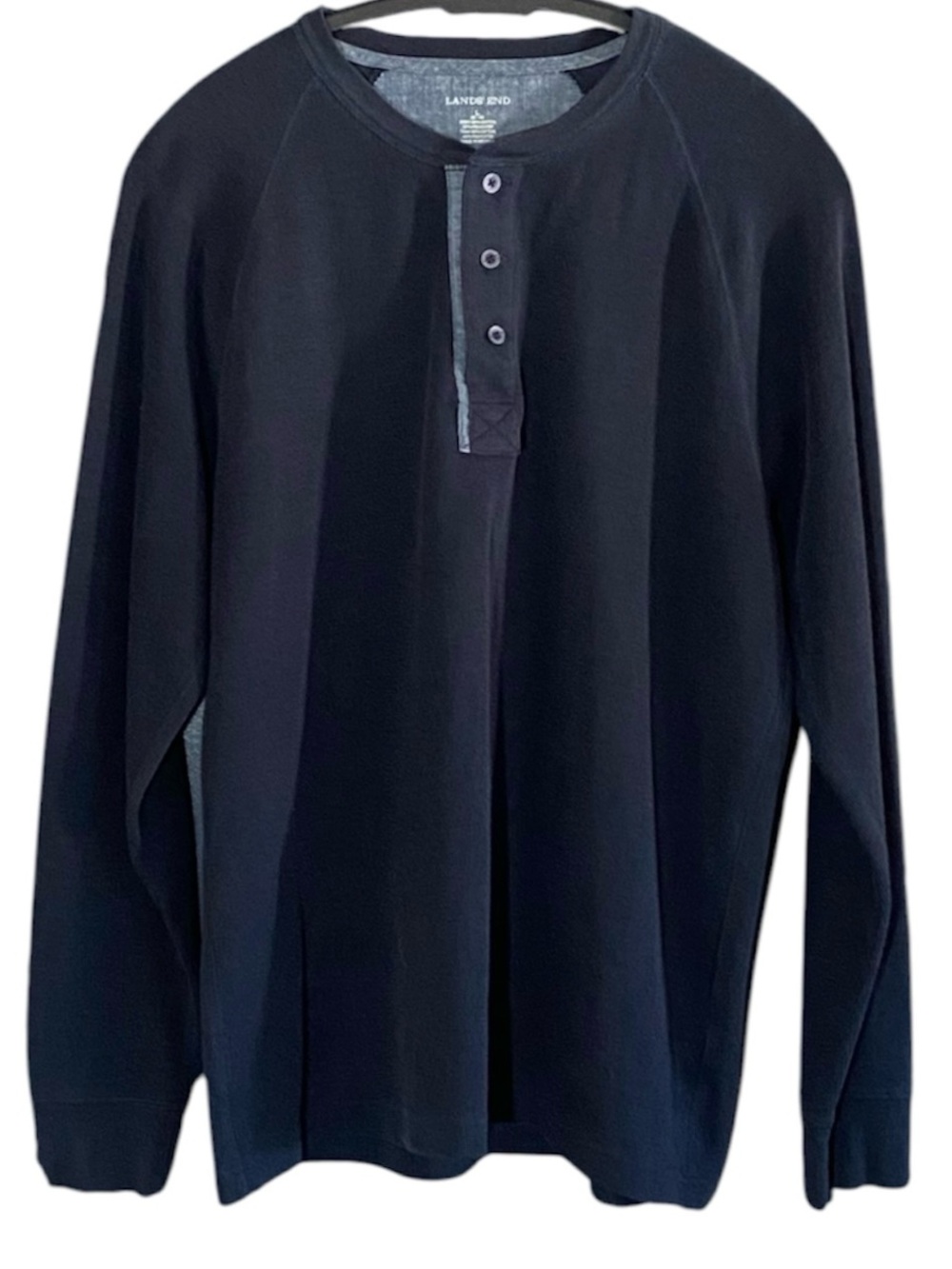 Lands’ End Men’s Henley Shirt L Navy Blue Raglan Heritage Preppy Outdoor Casual - Picture 2 of 6